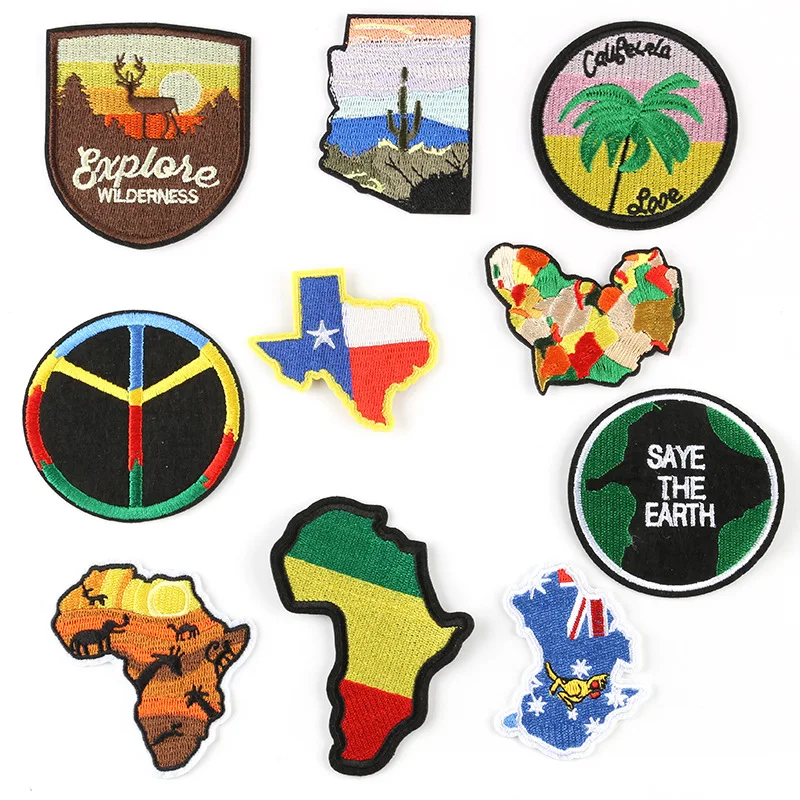 

African Continent Embroidery Patches Country Map Iron Ons Round Earth Badges Australia Outline Cloth Stickers for Jackets Pants