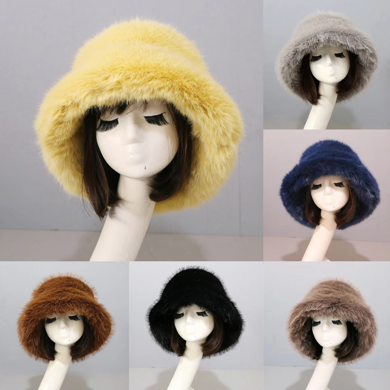 

Fashion Autumn Winter Women Faux Fur Bucket Hat Fox Rabbit Solid Thickened Soft Warm Man Fishing Cap Outdoor Vacation Girl Hat