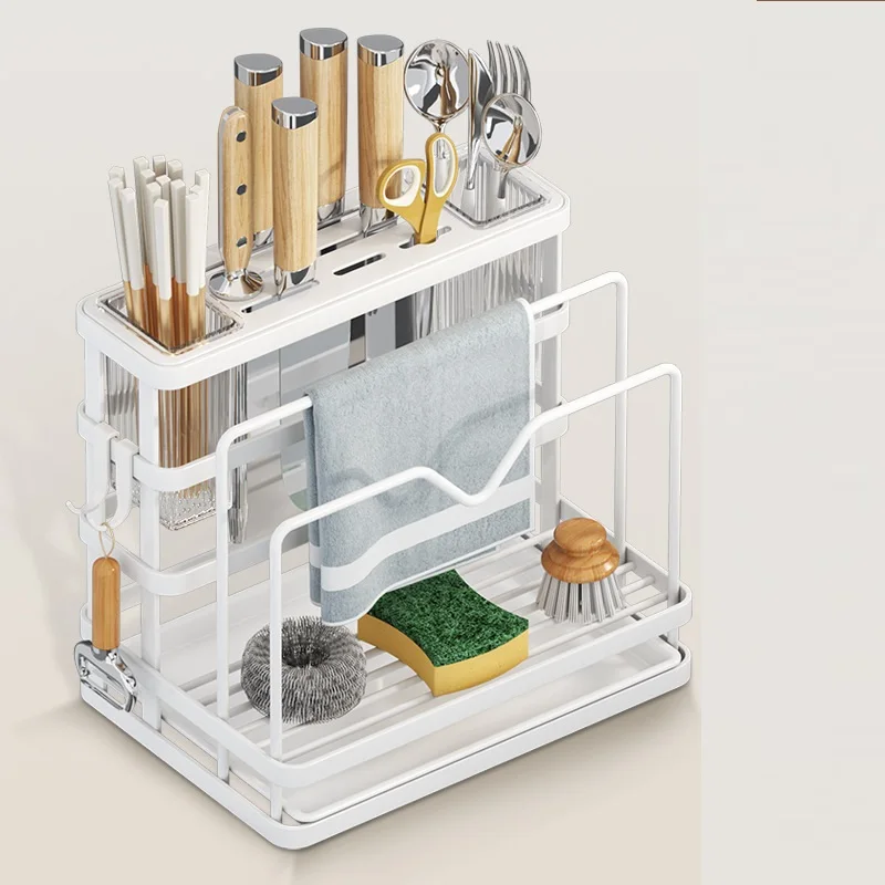Kitchen Storage Shelf MultiFunction Kitchen Knife Stand Holder Sink Storage Rack Stainless Steel Soap Sponge Holder Towel Rack 6