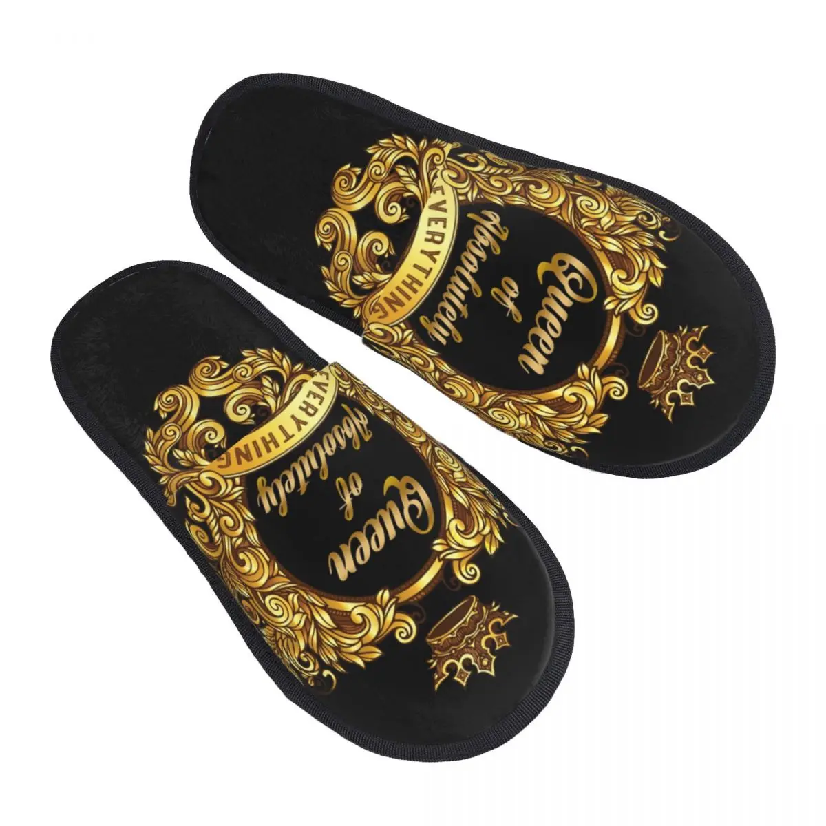 

Custom Queen Of Absolutely Everything Gold Baroque Soft Memory Foam House Slippers Women Comfy Warm Anti-skid Sole Slipper