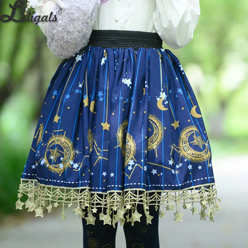 Sweet Short Skirt Navy Blue Moon Printed A line Lolita Skirt w. Tassels men s summer breathable plant print shirt hawaiian seaside comfortable short sleeved shirt men s fashionable printed lapel shirt