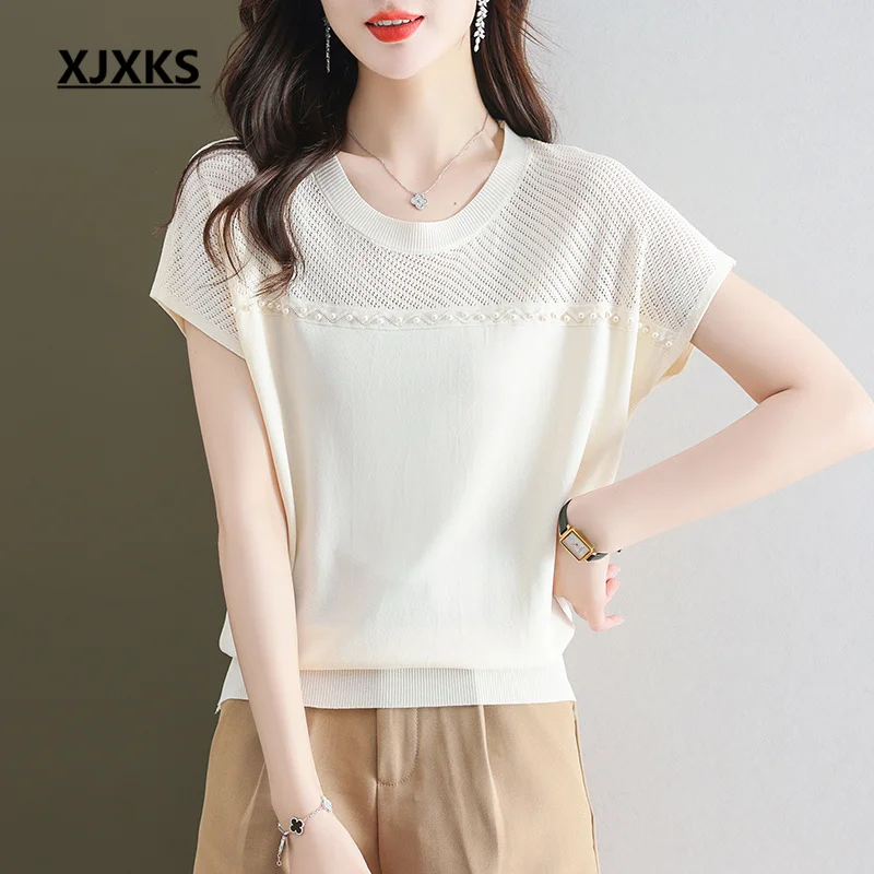 

XJXKS Round Neck Bat Sleeve Women's T-shirt 2023 Summer New Fashion Hollow High-end Mulberry Silk Knit Short-sleeved Tops