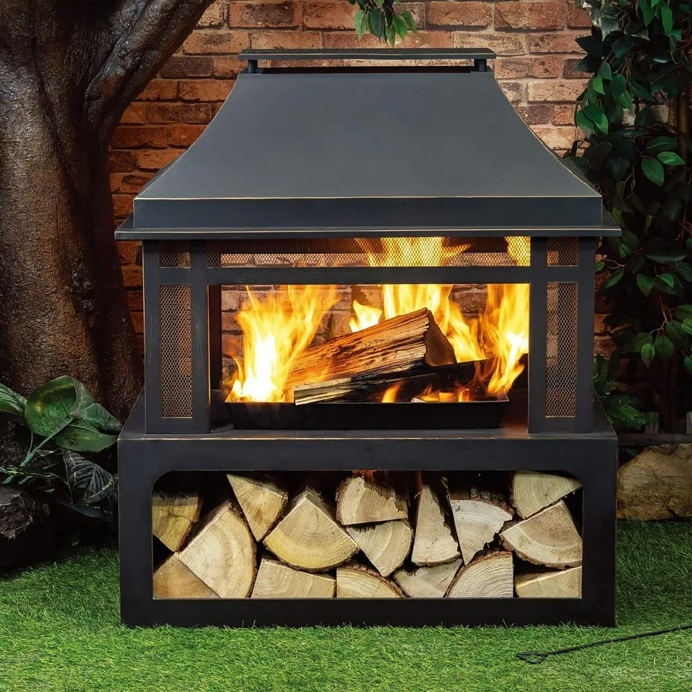 Outdoor Burning Fireplace with Wood Storage and Removable Fire Grill - Metal Wicker Base Fire Pit for Patio Garden Deck Backyard
