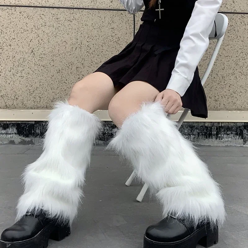 1-2Pairs Weiße Kunstpelz Beinwärmer Stiefelüberzüge Y2K Goth Solide Beinsocken Punk JK Knielang Hiphop Hotgirl Mode Warme Socken – Detail 4