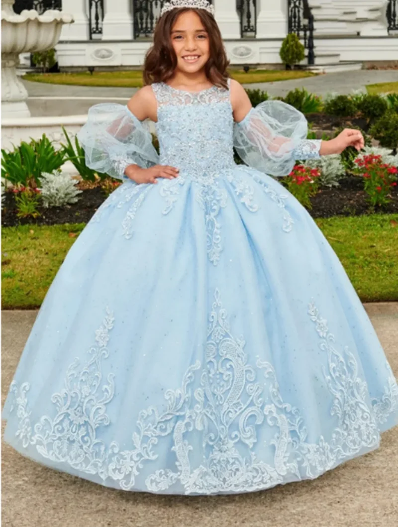 

2024 Sky Blue Flower Girl Dress For Wedding Lace Appliques Tulle Puffy Dress First Communion Dress Ball Gowns