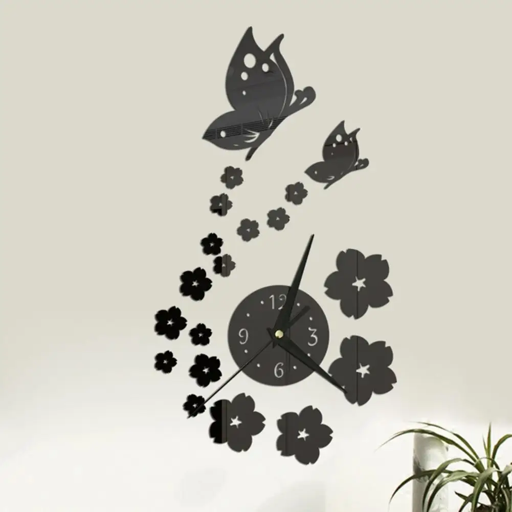 Wall clock self-adhesive battery operated long pointer 4 numbers silent 3D mirror butterfly plum blossom art clock 1 set