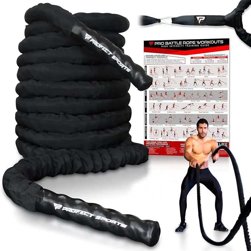 

Pro Battle Ropes with Anchor Strap Kit and Exercise Poster – Upgraded Durable Protective Sleeve – 100% Poly Dacron