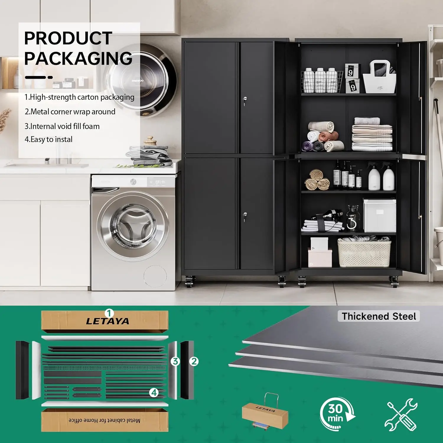 Metal Garage Storage Cabinet with Wheels,Steel Tool Rolling Cabinets with Lock Door and Adjustable Shelves fro Home 6