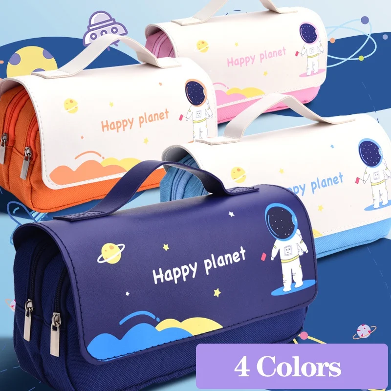 

Cute Astronaut Pencil Bag Large Capacity Waterproof Kawaii Double Zipper Leather Pen Case School Student Stationery Supplies