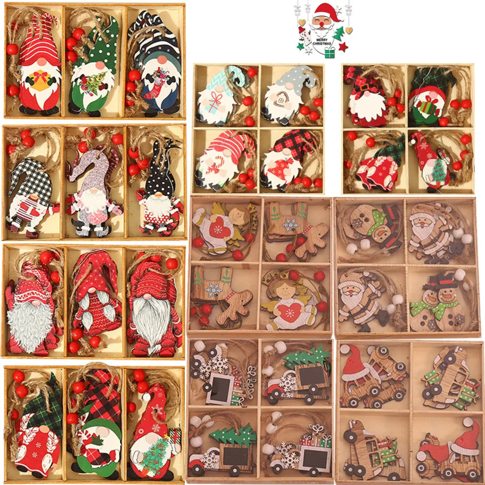 9/12pcs Xmas Tree Christmas Ornaments Celebrating Decor New Year Gift For Home Christmas Gnomes Wooden Pendants Decor