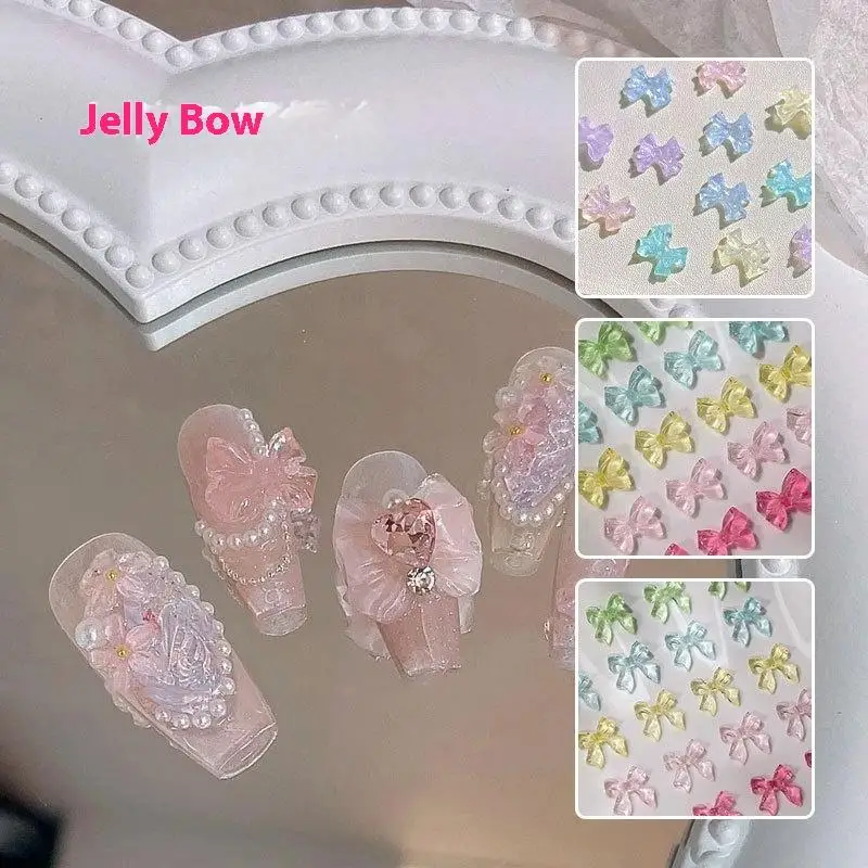 50Pcs Ice-Transparent French Ribbon Resin Bowknot Charms - Colorful Nail Art Decorations, Manicure DIY Jewelry Accessories