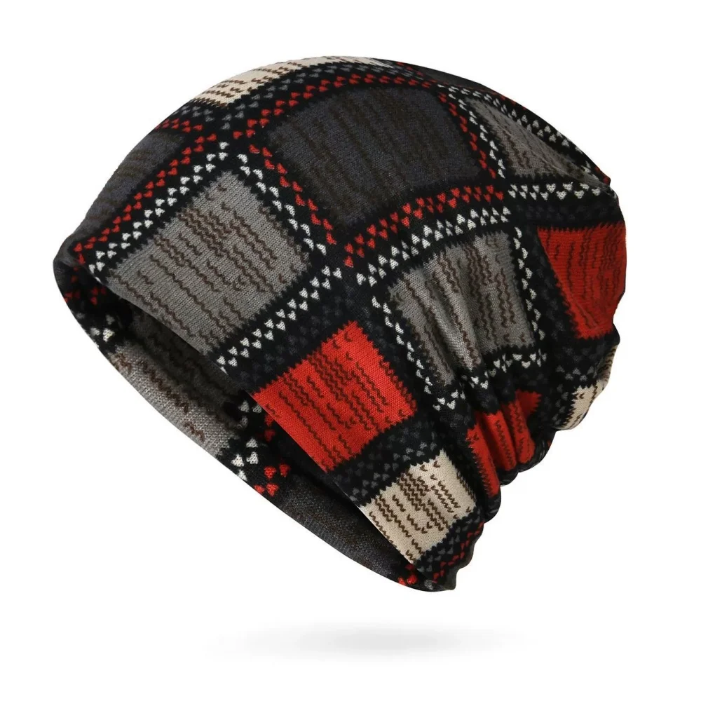 Herbst & Winter Vintage Bedruckte Mütze - Klassische Farbblock Elastische Slouchy Skull Cap Boho Halswärmer Winddicht für Damen und Herren – Detail 4