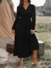 Plus size Europe and the United States cross-border  autumn new fashion V-neck tunic long sleeve dress