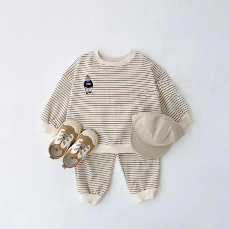 

Autumn Comfortable Baby Girl Bear Set Kid Casual Striped Pullover Sweatshirts And Simple Cotton Pants 2pc Sports Suit