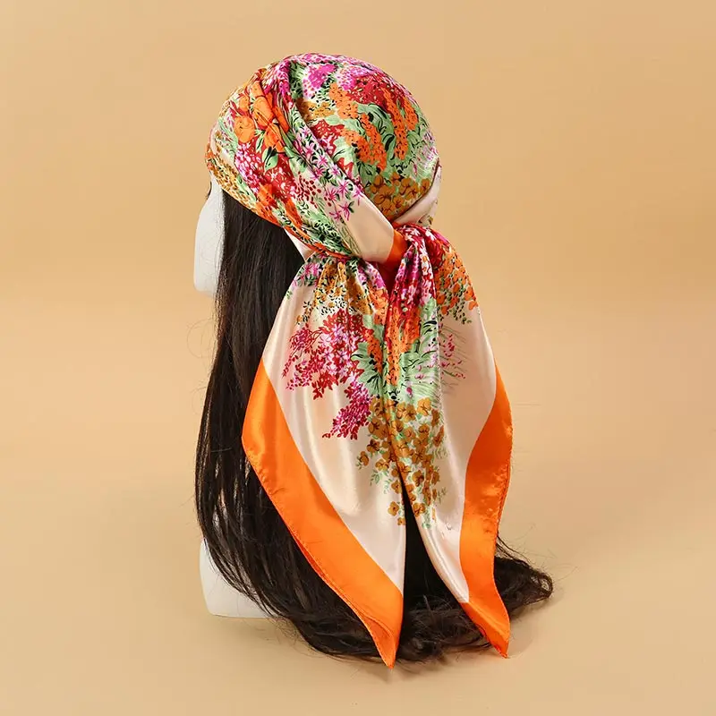 Leopard Platz Silk Schal Frauen Luxus Marke Satin Druck Hijab Schals Pareo Bandana Weibliche Schal Wrap Stirnband Foulard 90*90 cm – Detail 7