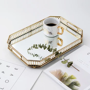 Decorative Tray Metal Glass Vintage Mirror Glass Storage Tray Gold Rectangle/Round Fruit Tray Jewelry Display Tray 1