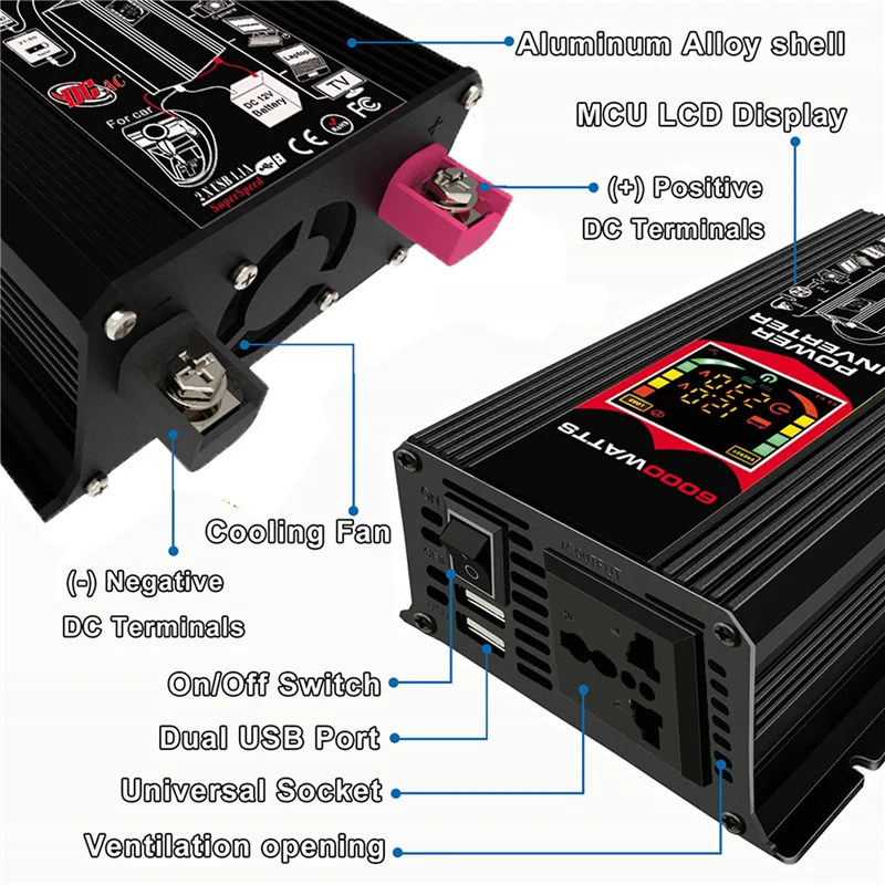 ABFI 6000W 차량용 정현파 전원 인버터 DC-AC 220V 범용 컨버터, 야외 활동을 위한 듀얼 USB 콘센트 탑재