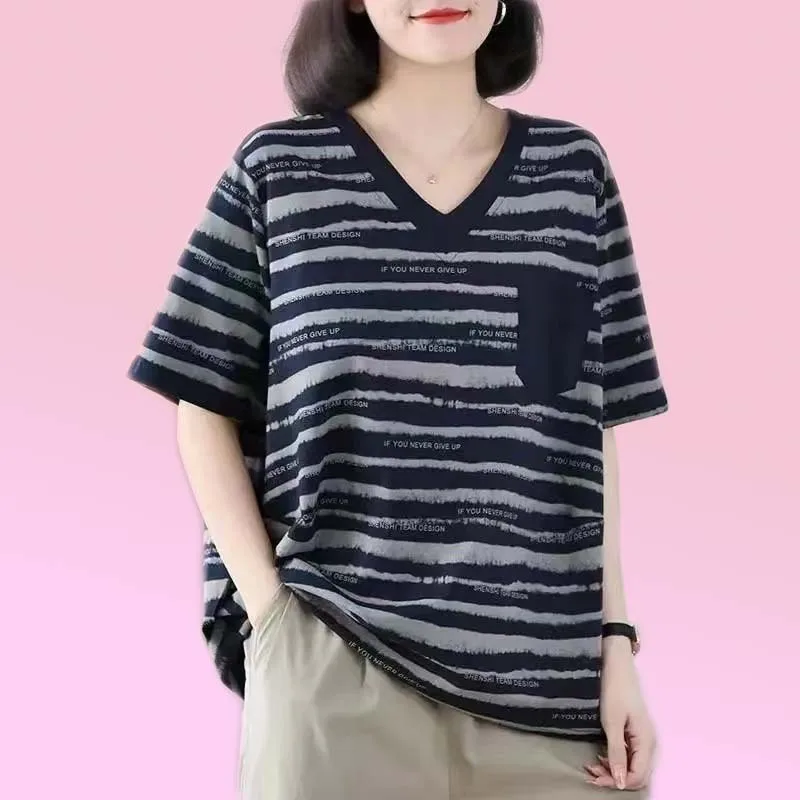 

2024 Vintage Woman Summer Striped Short Sleeved V-neck Casual All-match Loose Pure Cotton Korean Simplicity Comfortable T-shirt