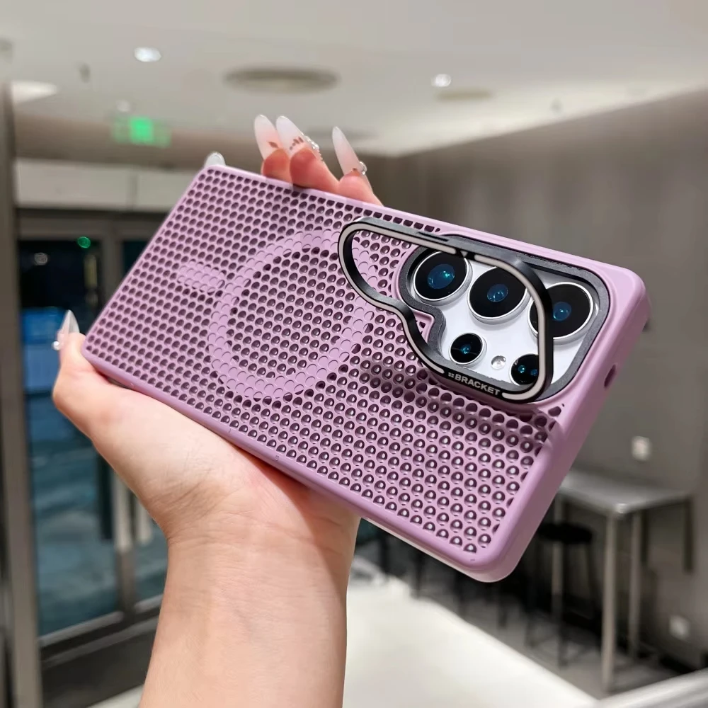 Luxury Dissipate Heat Breathable Mesh Holder Case with Magsafe Stand and Cooling Back Cover