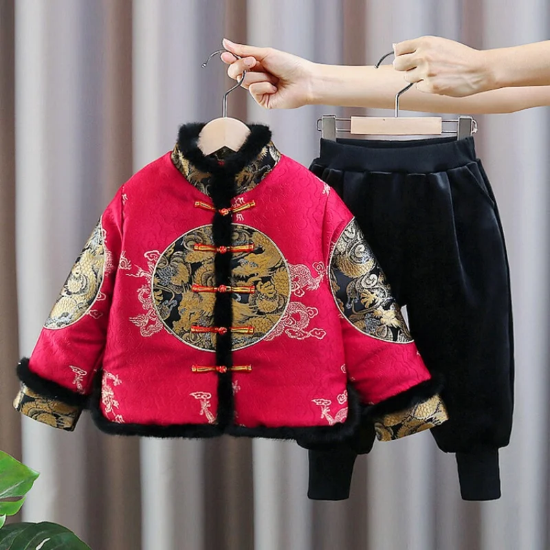 

2024 Winter New Boys Tangsuit 2-12 Years Children Kids Chinese Spring Festival Thicken Dragon Tops + Pants 2 Pieces Outfits Set