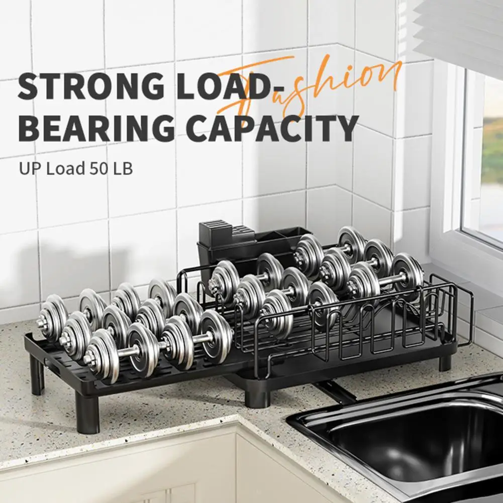 Carbon Steel Dish Drying Rack Adjustable Kitchen Plates Organizer With Drainboard Over Sink Countertop Cutlery Storage Holder ﻿