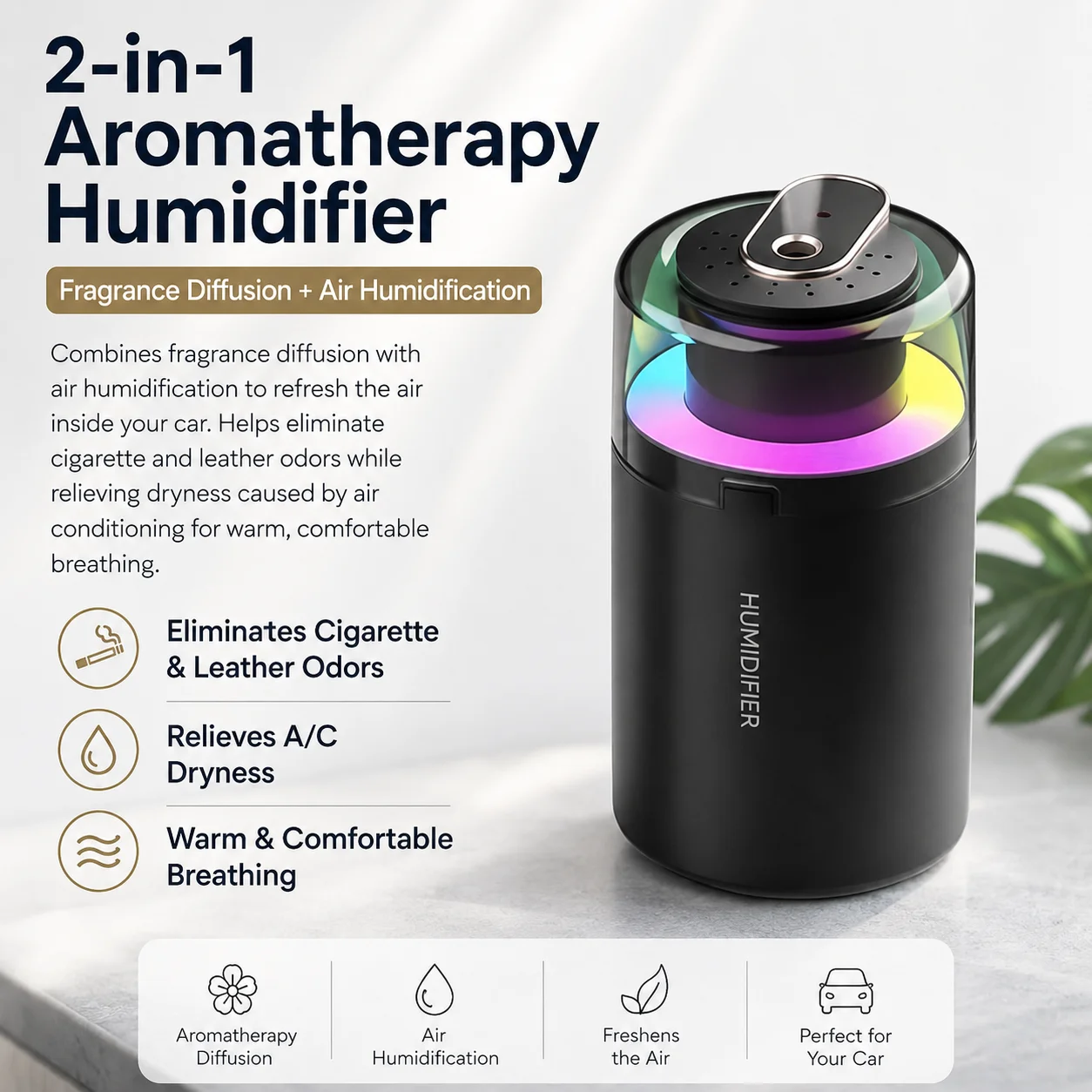 Compact 2-in-1 Car Humidifier & Aroma Diffuser with RGB LED Light