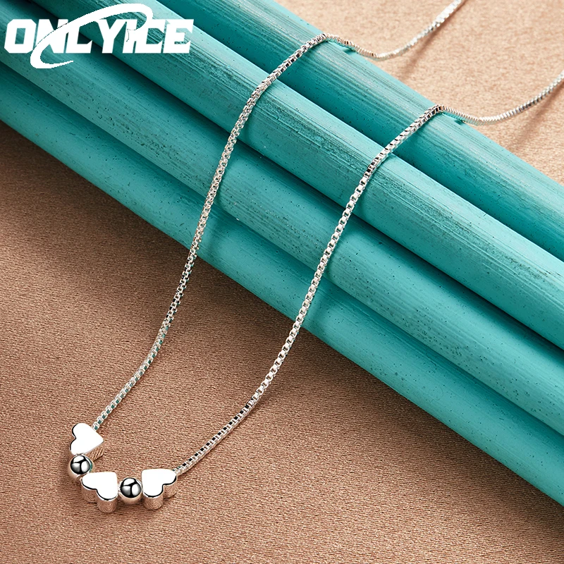 

925 Sterling Silver 45cm Box Chain Beads Three Solid Heart Pendant Necklace For Women Wedding Party Fashion Simple Charm Jewelry