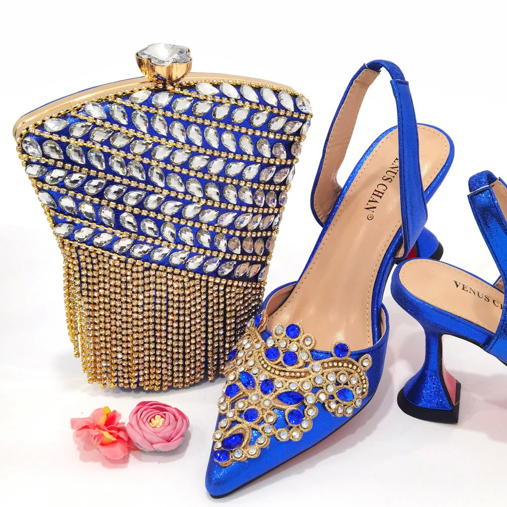 

2023 New Arrival Popular Cutout Style In Nigeria Italian Design Elegant D.Blue Color Ladies Shoes and Bag For Party Wedding