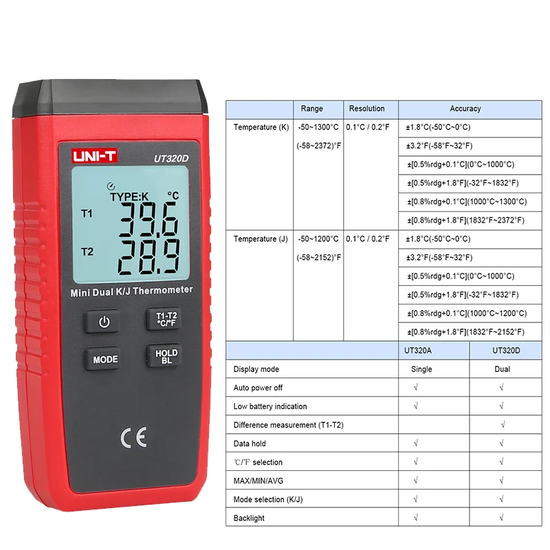 Фото UNI-T UT320D термометр, гигрометр, термокопипель, контактный тип, двухканальный K/J измеритель температуры, UT320A гигрометр, тестер №3