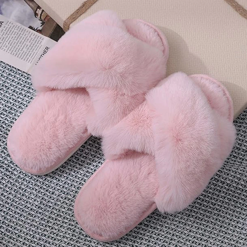 Comwarm Women Fashion Fuzzy Slippers Indoor Open Toe Flat Cotton Shoes Comfort Home Slippers Plush Fluffy Warm Shoes Cozy Slides