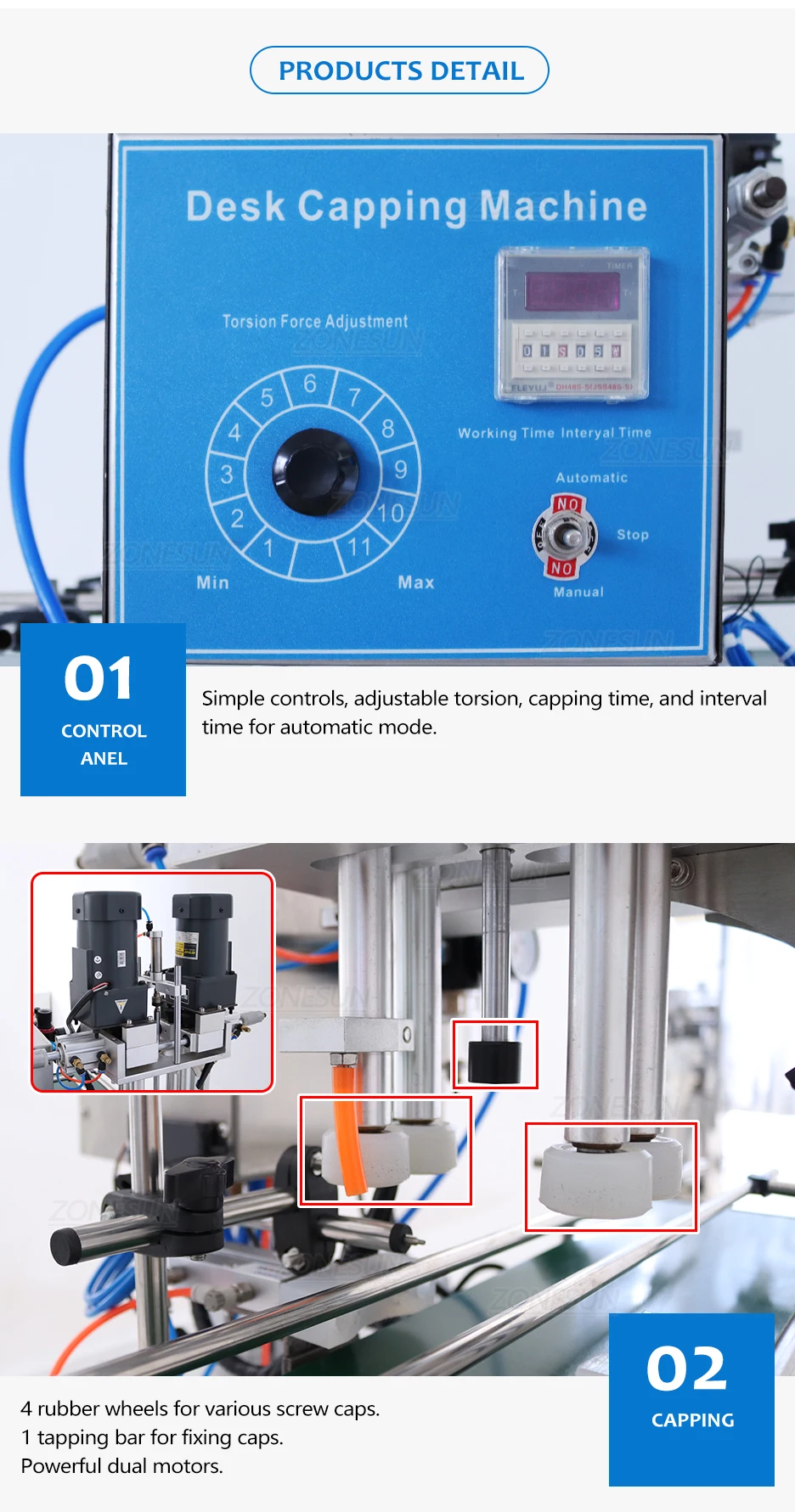 ZONESUN ZS-XG6100C Настольная автоматическая укупорочная машина для бутылок с завинчивающейся верхней крышкой для распыления жидкости Поворотная стеклянная крышка-капельница