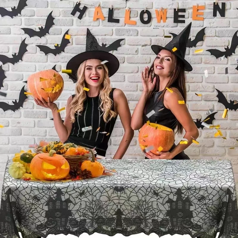 1 pcs of Halloween lace tablecloth spider web skull pattern rectangular shape for party decoration haunted house pumpkin design 2