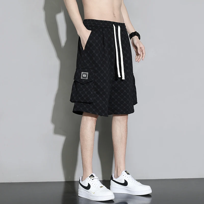 Stylish Korean Letter Printed Casual Shorts Pockets Men's Clothing Commute Loose Straight Summer Elastic Drawstring Knee Pants