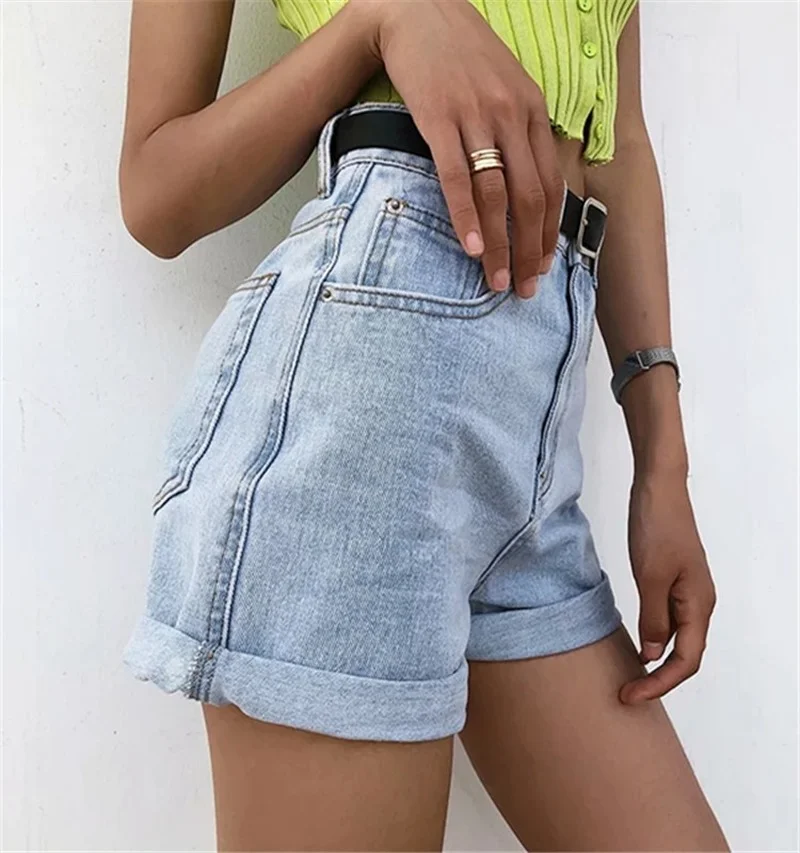 Slim Fit Belt Shorts Summer All-Match Street Fashion New Zipper Pockets Bottoms Women Vintage Sexy High Waist Khaki Denim Shorts