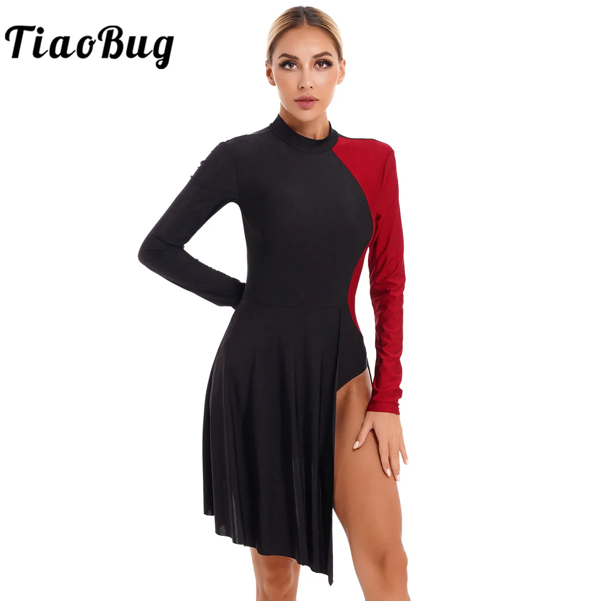 

Women Adult One Shoulder Long Sleeve Ballet Dance Dress Gymnastics Leotard Ballroom Lyrical Figure Ice Skating Costume Dancewear
