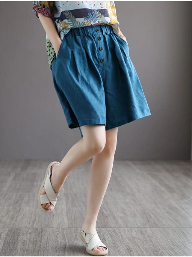 

Women's Shorts Korean Loose Button Cotton Linen Wide Leg Pants Women's Clothing Summer 2023 Casual Five-point Pants