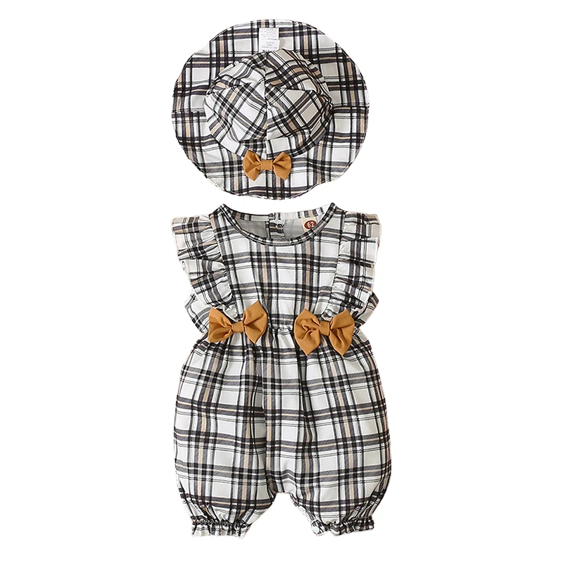 Summer Baby Rompers with Hat Plaid Sleeveless Short Jumpsuit for Newborn Infant Girls Clothing  Toddler Outfit 6