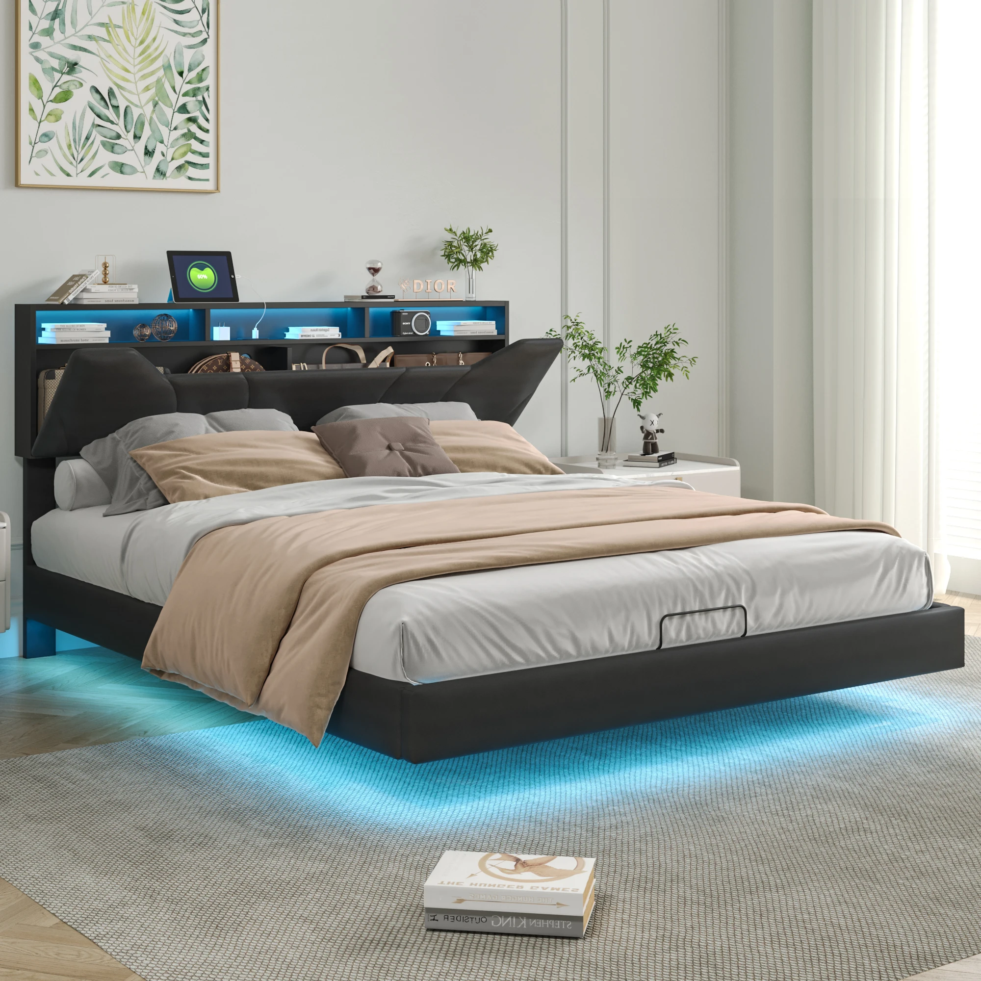Comanlai Hydraulisches Bett mit LED-Beleuchtung und USB-Ladeanschluss und Stauraum, Verstellbare Kopfteilhöhe, PU, Schwarz – Detail 4