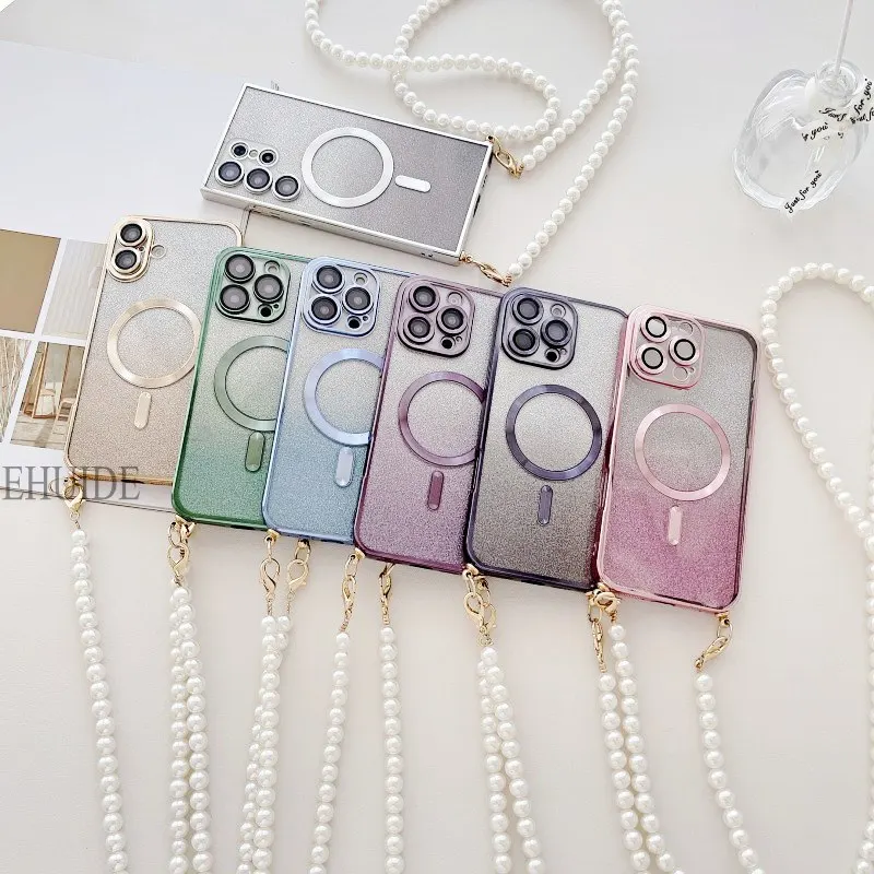 Magnetic Pearl Crossbody Clear Glitter Phone Case with Lanyard Strap