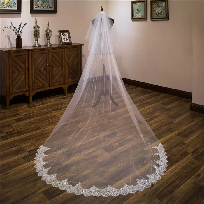 2 Layers Cathedral Wedding Veils Long Sequins Lace Edge Bridal Veil with Comb Wedding Accessories Bride Mantilla Vail