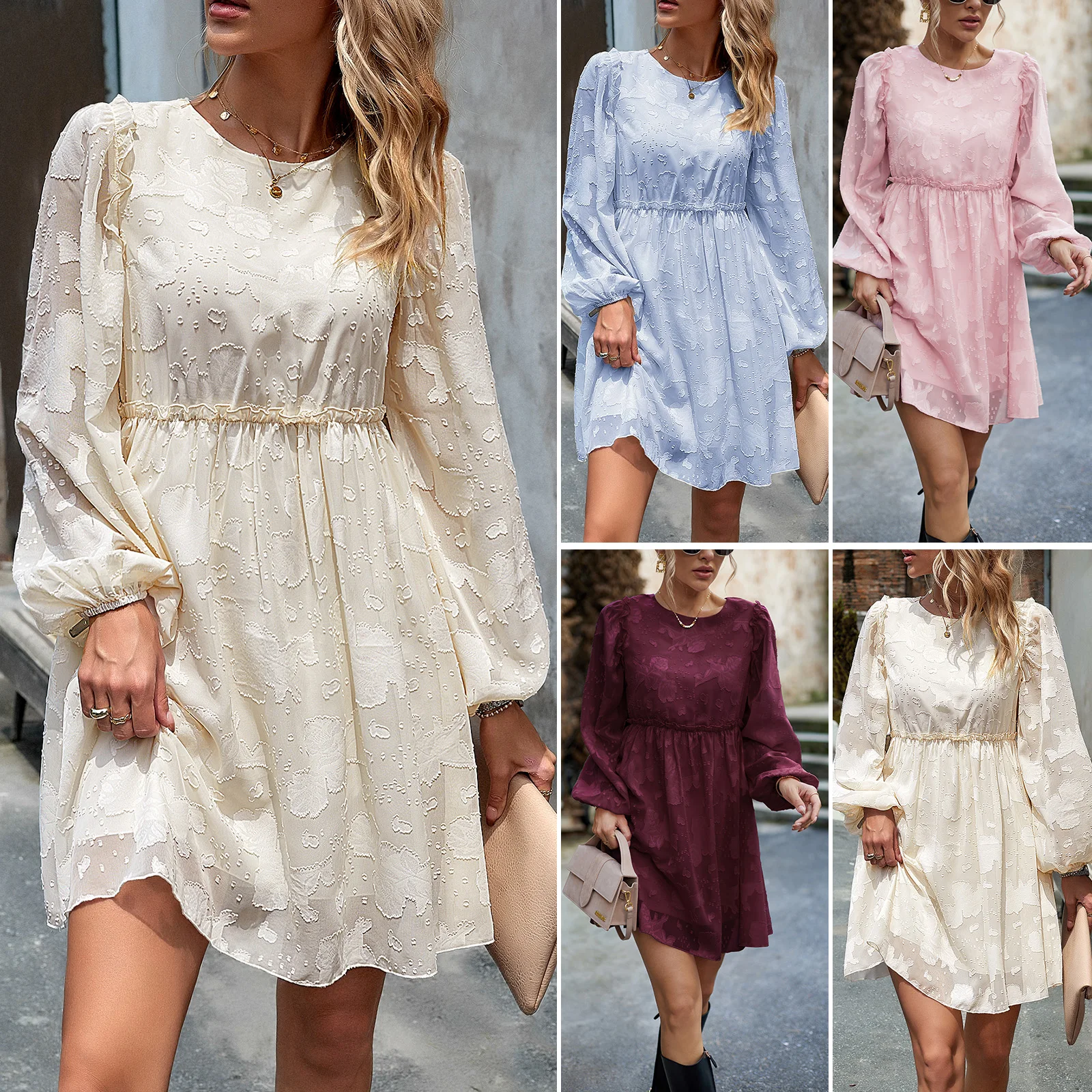 CasualLongSleeveChiffonDressesForWomenFashionHighWaistJacquardShortSkirtsRoundNeck