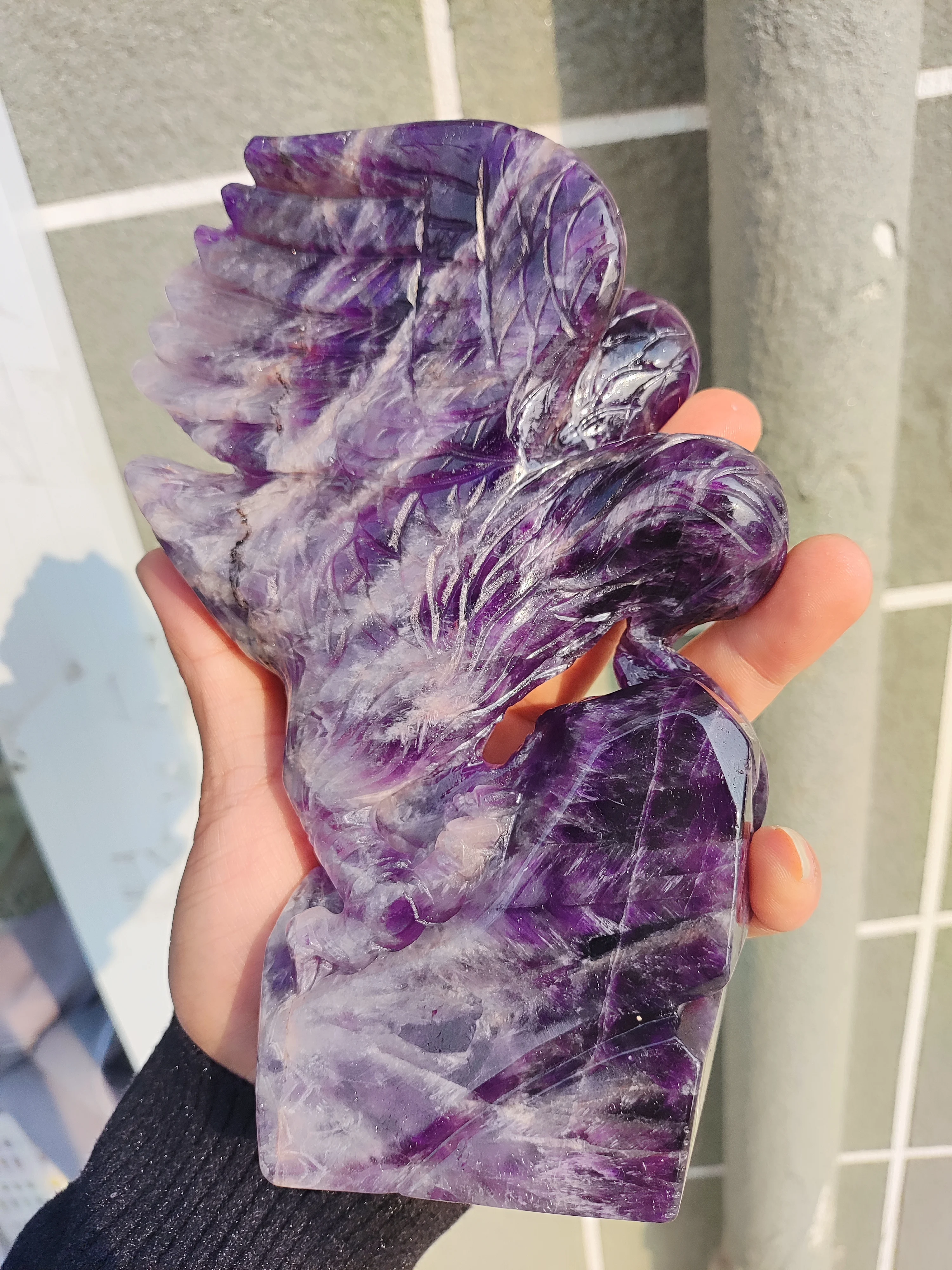 

Natural Dream Amethyst Crystal Quartz Mineral, Hand Carved, Eagle Wings, Decorated Crystal, Spiritual Healing, Gift, 1Pc