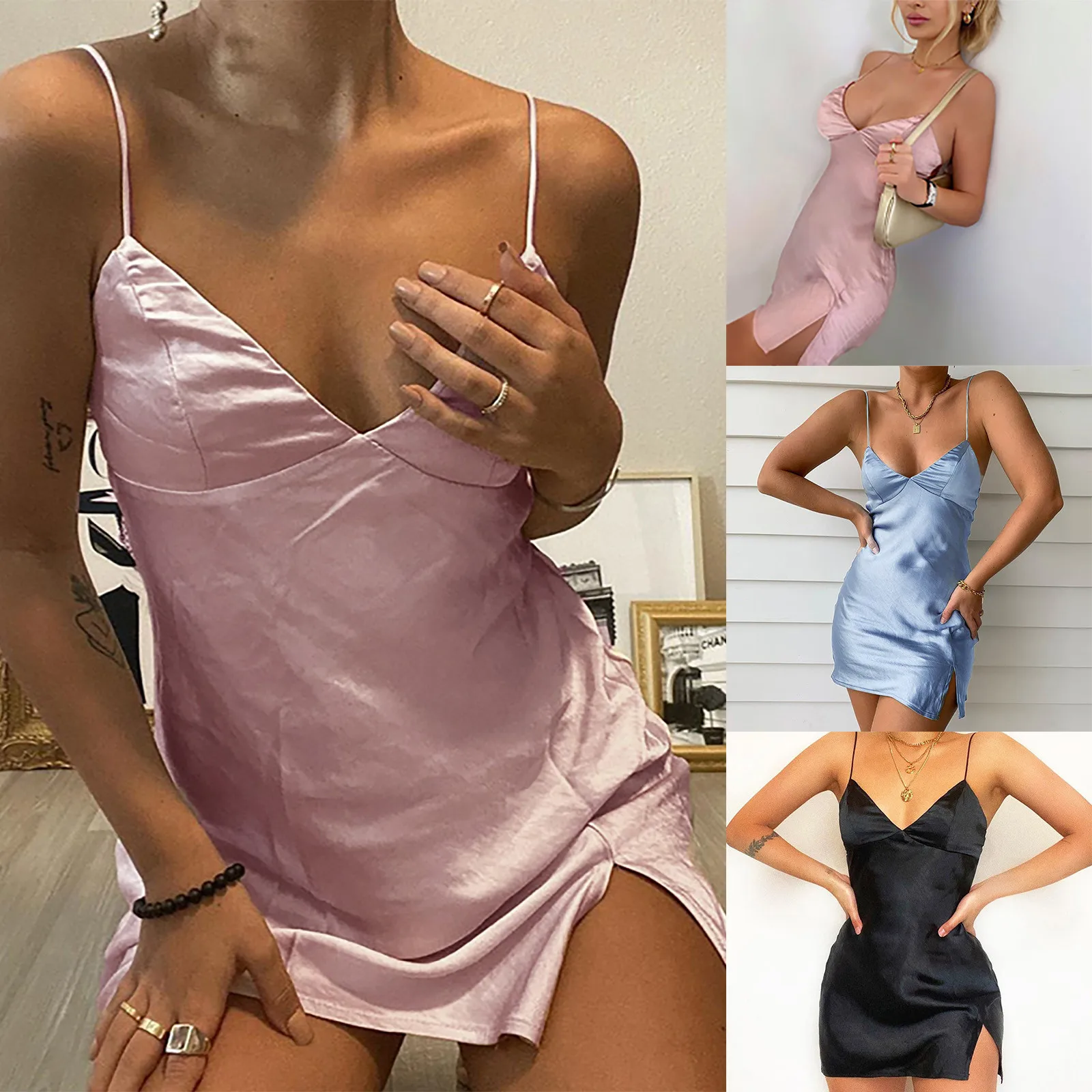 

Seersucker House Dresses for Women Women's Fashion Solid Color Sexy Satin V-Neck Sling Small Slit Slim Dress Postpartum Dress