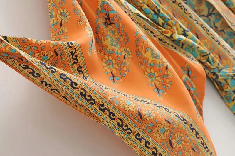 Boho Queens Women Yellow Floral Print Sashes Kimono Ladies V Neck Batwing Sleeves Bohemian Maxi Dress Robe Cover-up