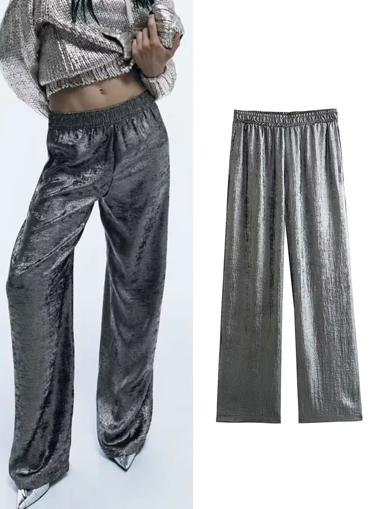 

TRAF 2023 New Women's Metallic Sparkly Stretch Waist Pants Fashion Vintage Ladies Solid Soft Straight Wide-Leg Long Trousers
