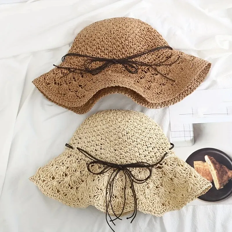 New Women Casual Travel Supply Sun Protection Beach Hat Raffia Straw Hat Bowknot Rope Decoration Straw Hat