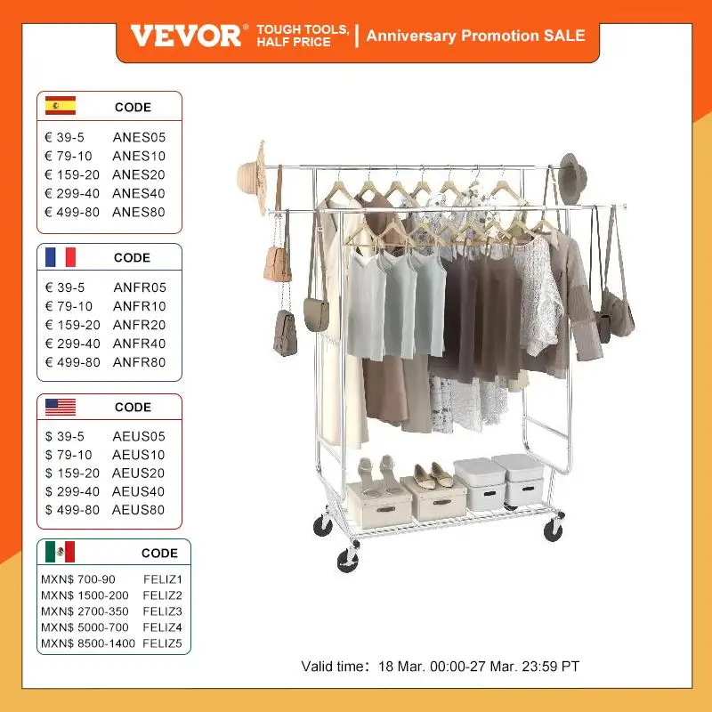 

VEVOR Clothing Garment Rack Heavy Duty Clothes Rack Adjustable Length Clothes Rack w/ Bottom Shelf & Wheels for Laundry Room