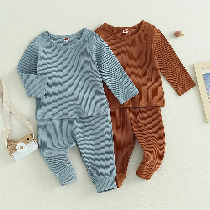 

2023 Spring Autumn Baby Clothing Sets Newborn Solid Outfits Rbbed Knitted Long Sleeve O-neck T-shirts Pocket Long Pants Costume