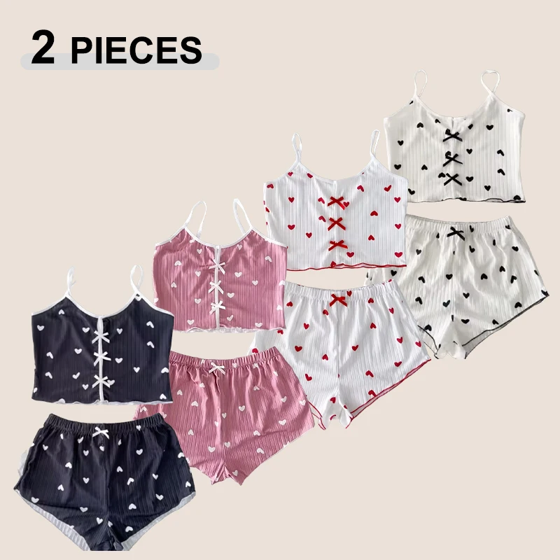Women Sleepwear Pajamas Set Heart Print Soft Ribbed Fabric Flirty Frill Trim Casual Cami Top and Shorts Sets Loungewear