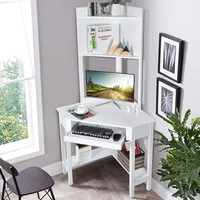 White Corner Desk with Hutch, 90 Degrees Triangle Computer Desk with Keyboard Tray & Bookshelves for Small Space, Space Saving 1